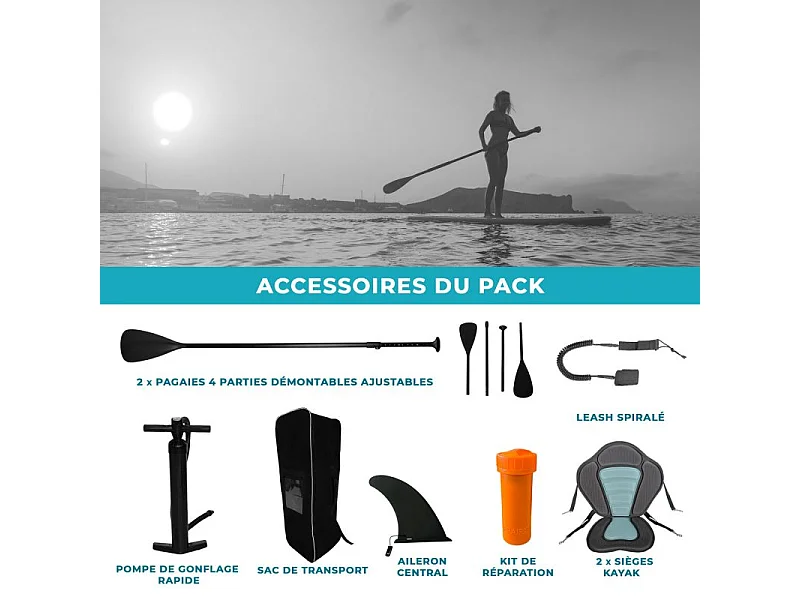 Paddle Gonflable 2 personnes TWO 12' 32'' 6'' (366x81x15cm) avec Pompe, 2 Pagaies, 2 sièges de kayak, Leash et Sac de Transport