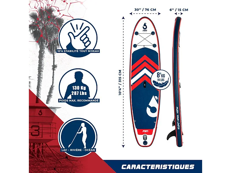 Paddle gonflable AMBITION 10'4 - 317x76x15 cm - Stand up paddle avec pagaie, leash, pompe, anneaux de kayak et sac de transport