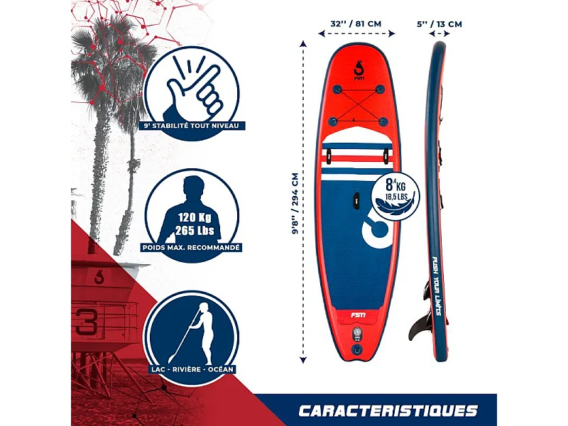 Paddle Gonflable VULK 9'8 - 299 x 81 x 13 cm - Stand Up Paddle avec pagaie, leash, pompe et sac de transport