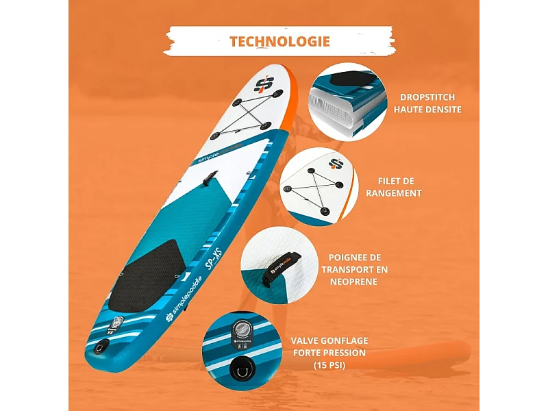 Paddle Gonflable 9'2 - XS SIMPLE PADDLE 9'2" 30'' 5'' (278x76x13 cm), avec Pagaie, Leash, Pompe et Sac de Transport