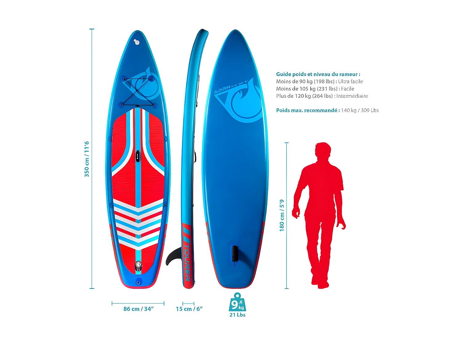 Paddle Gonflable TOURER 11'6 34'' 6'' (350x86x15cm) avec Pompe, Pagaie, Dérive, Leash et Sac de transport