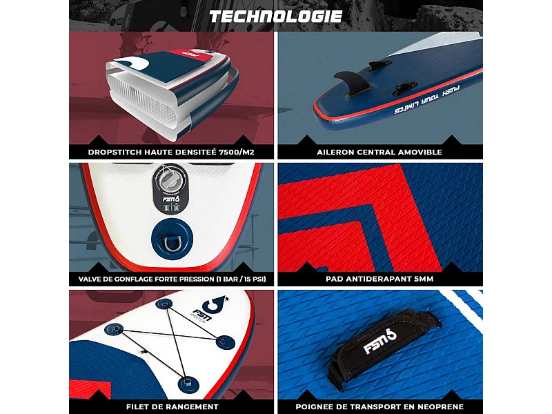 Paddle gonflable AMBITION 10'4 - 317x76x15 cm - Stand up paddle avec pagaie, leash, pompe, anneaux de kayak et sac de transport