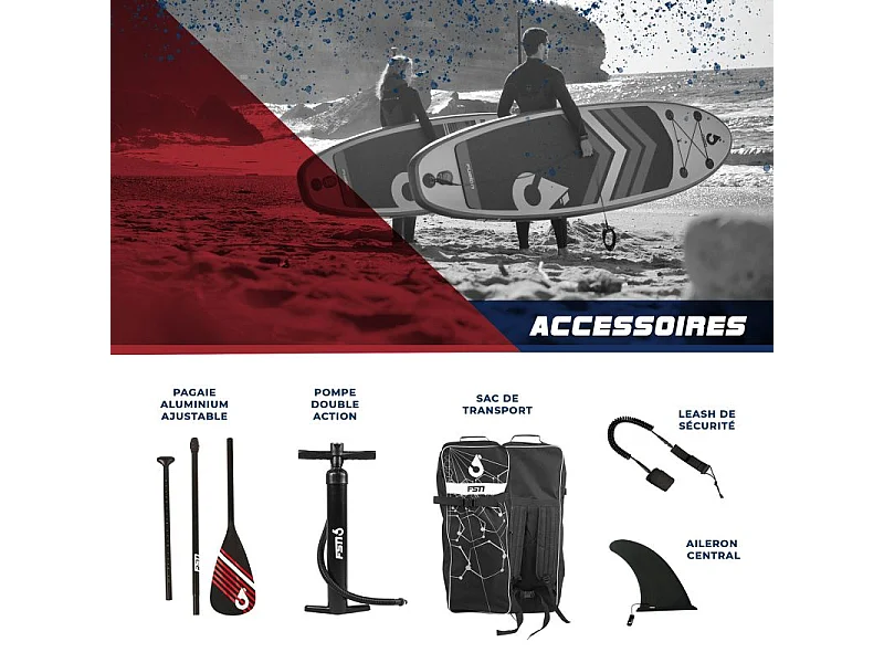 Paddle gonflable AMBITION 10'4 - 317x76x15 cm - Stand up paddle avec pagaie, leash, pompe, anneaux de kayak et sac de transport