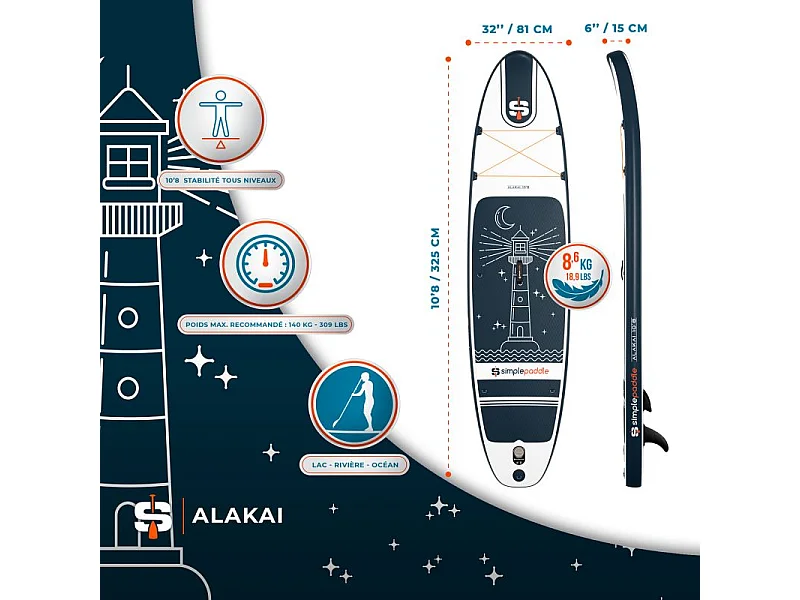 Paddle gonflable ALAKAI 10'8 ( 325 X 81 X 15 Cm) avec Pagaie, Leash, Pompe, Pochette téléphone et Sac de transport