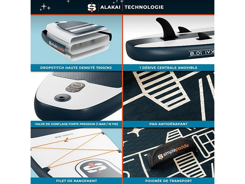 Paddle gonflable ALAKAI 10'8 ( 325 X 81 X 15 Cm) avec Pagaie, Leash, Pompe, Pochette téléphone et Sac de transport