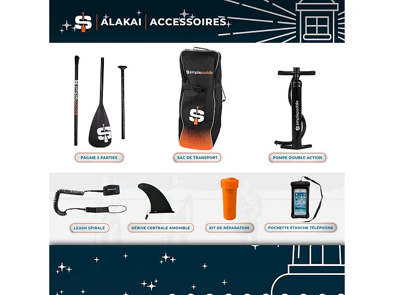 Paddle gonflable ALAKAI 10'8 ( 325 X 81 X 15 Cm) avec Pagaie, Leash, Pompe, Pochette téléphone et Sac de transport