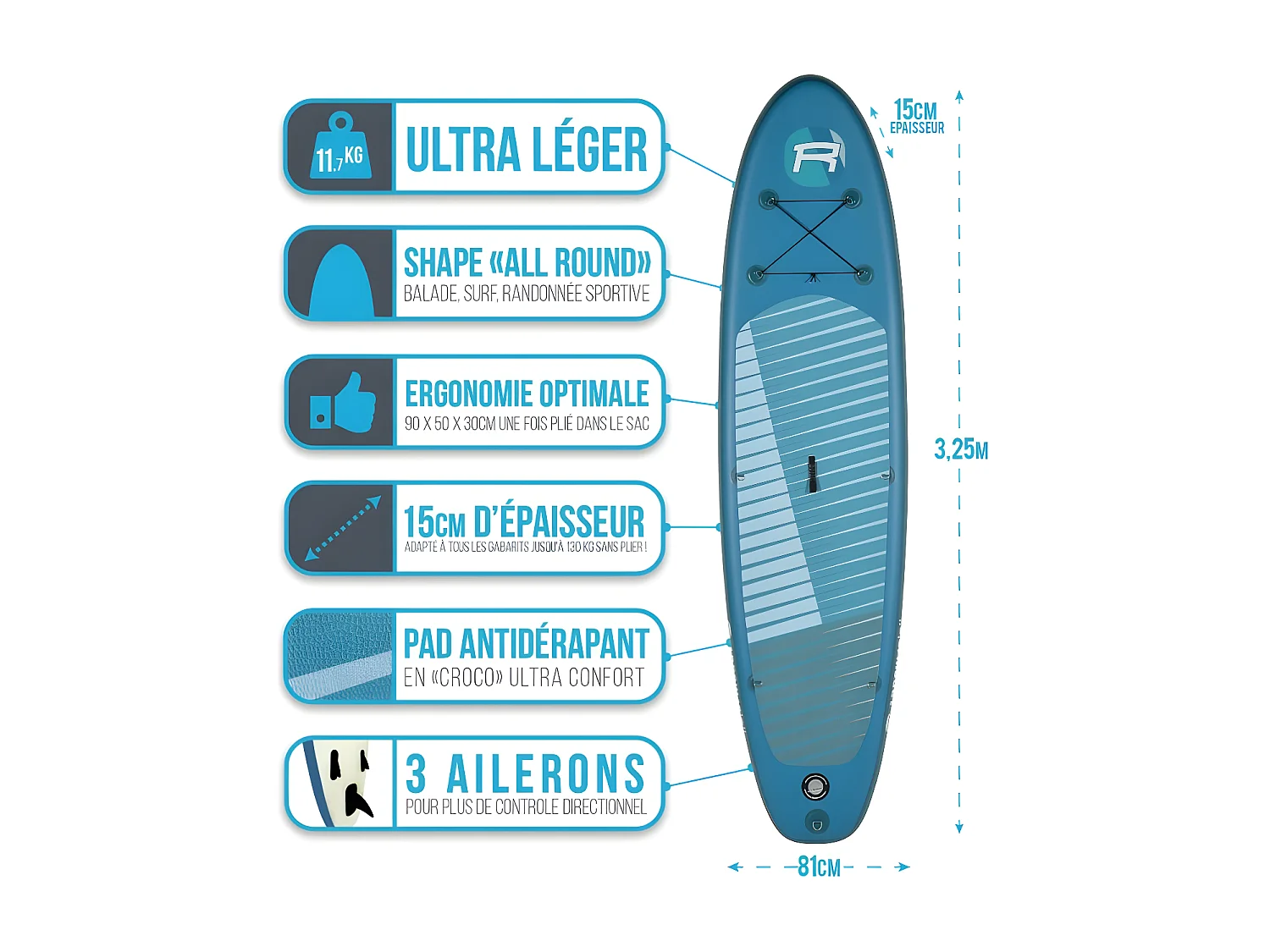 Stand Up Paddle gonflable ARROW ROHE 10'8'' (325cm) 32'' (81cm) 6'' (15cm) avec Pompe, Pagaie, Leash et Sac de transport
