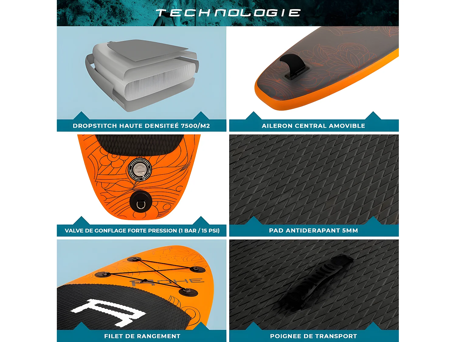 Stand Up Paddle gonflable HAVANE2 ROHE 9' (274cm) 30'' (76cm) 5'' (13cm) avec Pompe, Pagaie, Dérive, Leash et Sac de transport