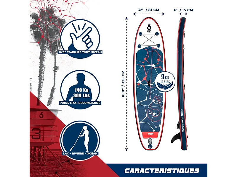 Paddle gonflable PUNGA 10'8 - 320 x 81 x 15 cm - Stand Up Paddle avec pagaie, leash, pompe et sac de transport
