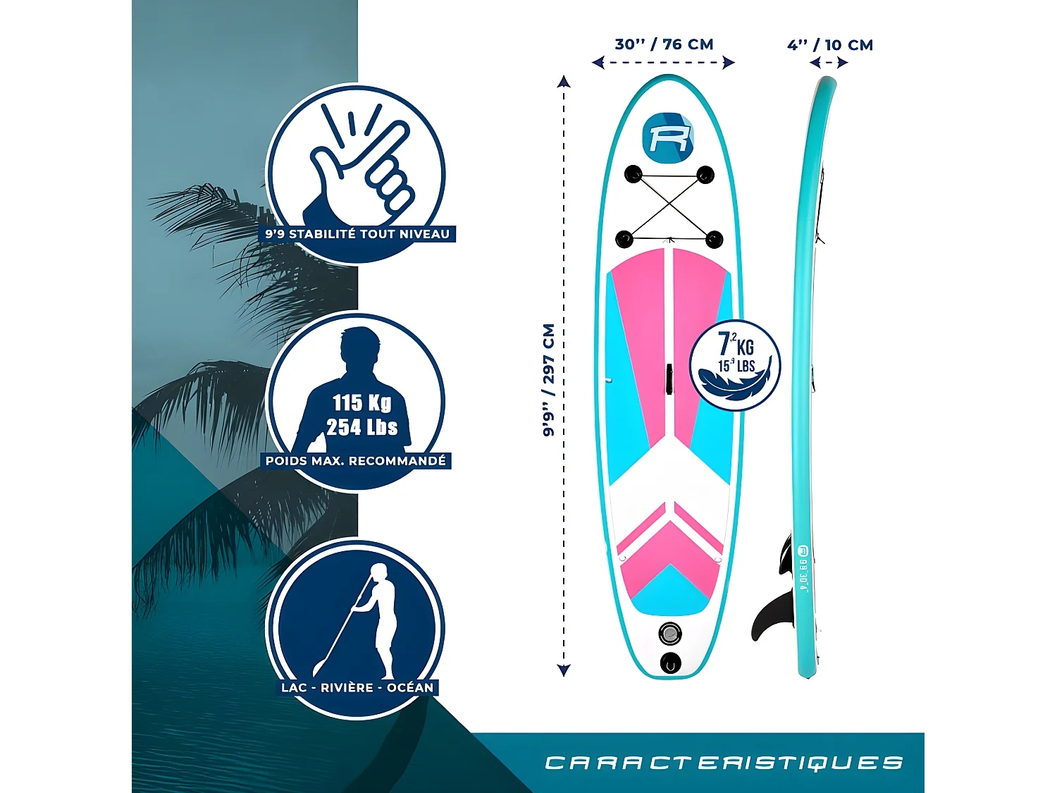 Stand Up Paddle Gonflable INDIANA PINK 9'9'' (297cm) 30'' (76cm) 4'' (10cm) avec Pompe, Pagaie, Leash et Sac de transport