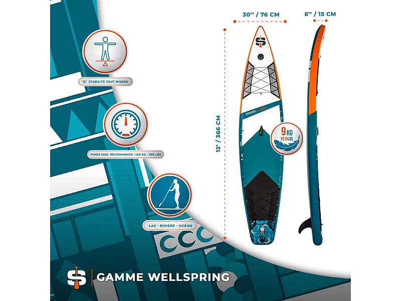 Paddle Gonflable RACE 12' 30'' 6" (340 x 76 x 15 cm) avec Pagaie, Leash, Pompe et Sac de Transport