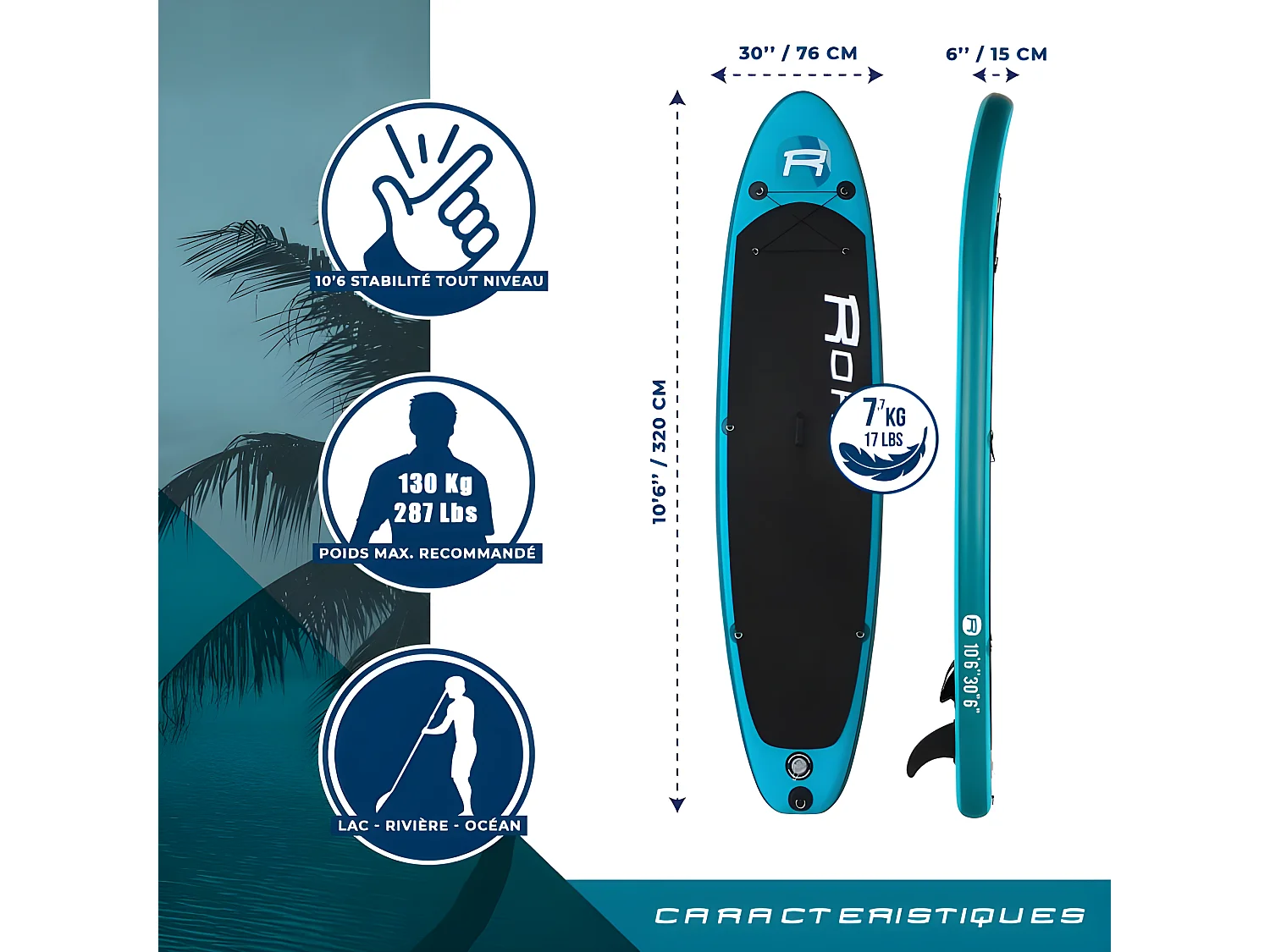 Stand Up Paddle Gonflable PACIFIC ROHE - 10'6'' (320cm) 30'' (76cm) 6'' (15cm) avec Pompe, Pagaie, Leash et Sac de transport