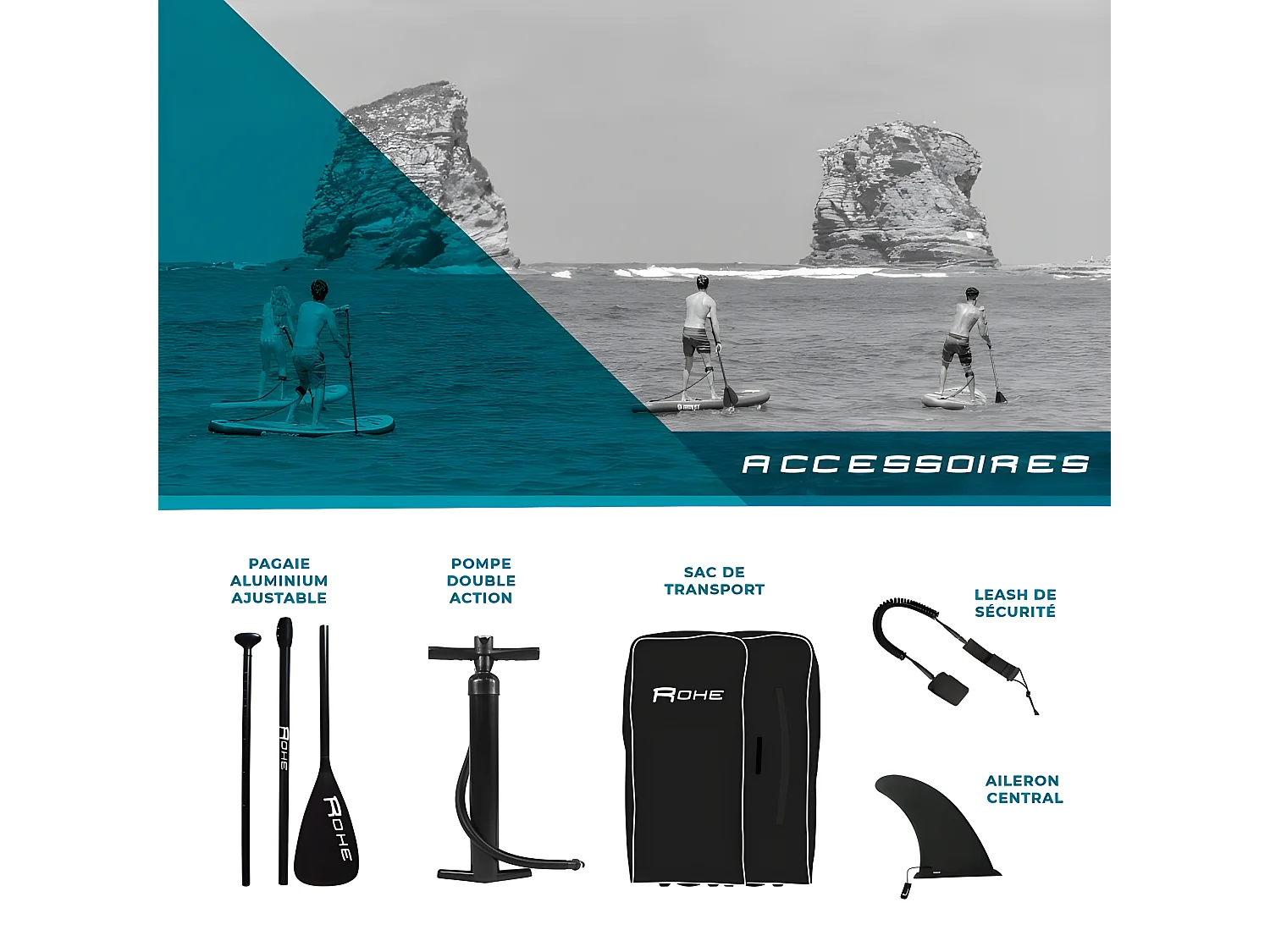 Stand Up Paddle Gonflable PACIFIC ROHE - 10'6'' (320cm) 30'' (76cm) 6'' (15cm) avec Pompe, Pagaie, Leash et Sac de transport