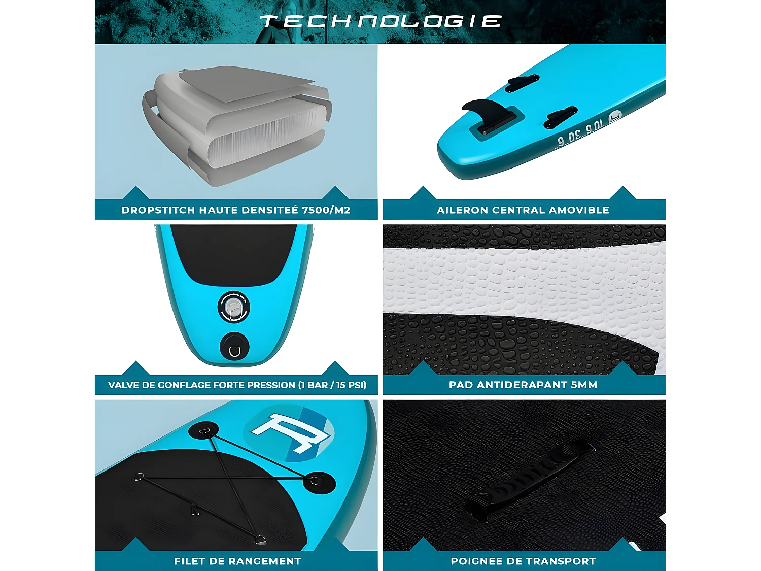 Stand Up Paddle Gonflable PACIFIC ROHE - 10'6'' (320cm) 30'' (76cm) 6'' (15cm) avec Pompe, Pagaie, Leash et Sac de transport