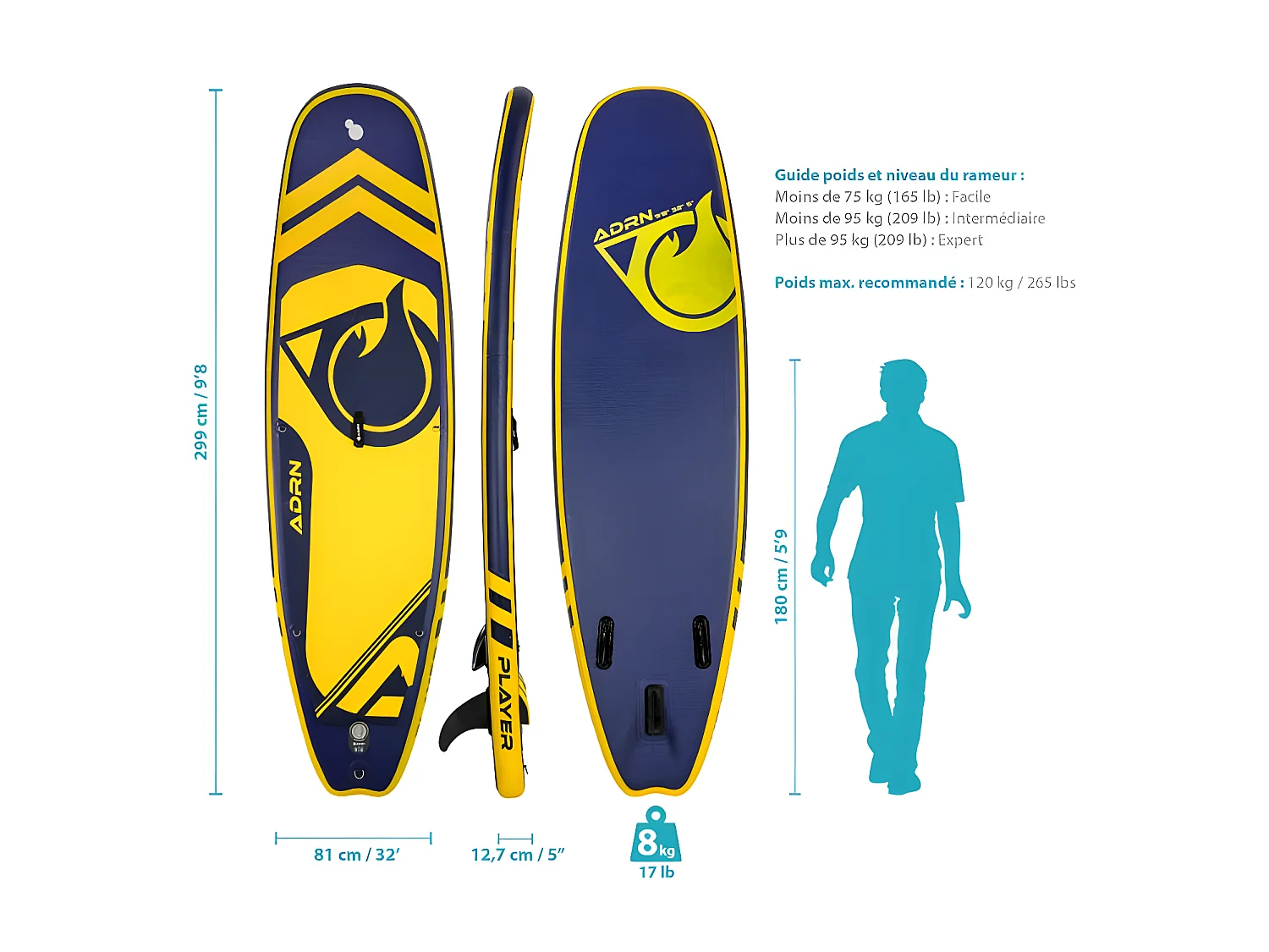 Paddle Gonflable PLAYER 9'8 32'' 5'' (299x81x12,7cm) avec Pompe, Pagaie, Leash et Sac de transport