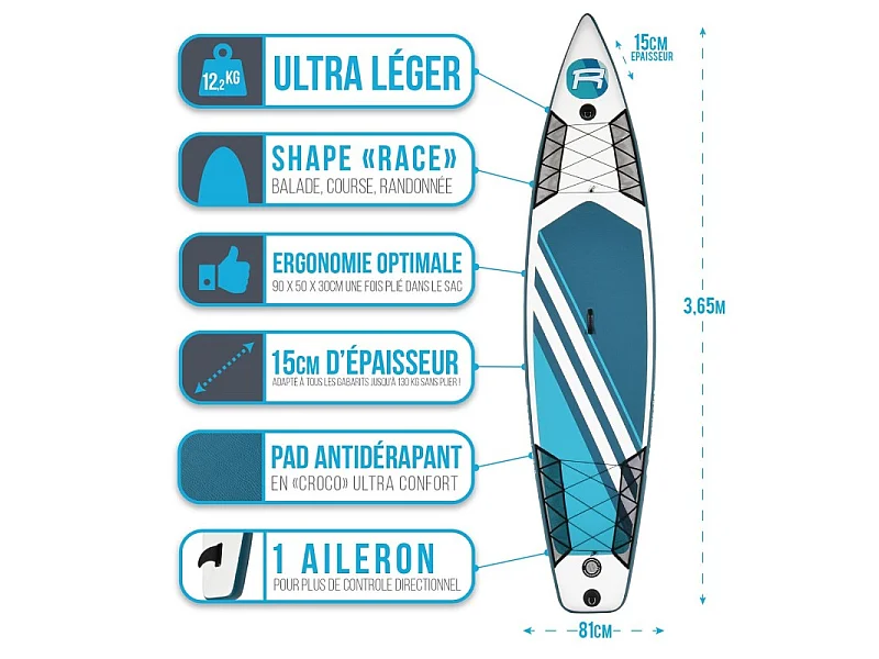 Pack Stand Up Paddle gonflable ROHE RACE 12' x 32'' x 6'' (365 x 81 x 15 cm) – avec accessoires