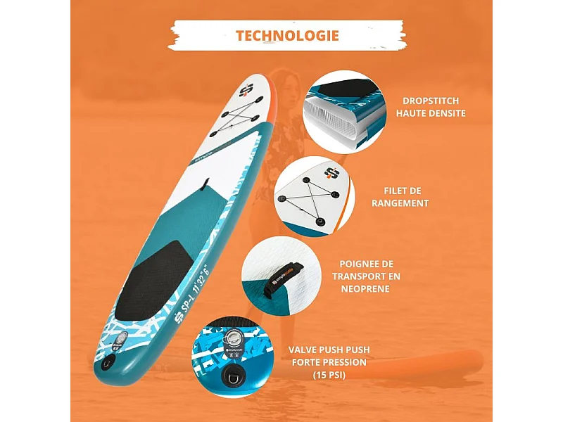 Paddle Gonflable L 11' 32'' 6'' (335 x 81 x 15 cm) avec Pagaie, Leash, Pompe et Sac de Transport