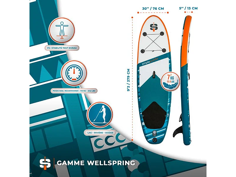 Paddle Gonflable XS 9'2" 30'' 5'' (278 x 76 x 13 cm) avec Pagaie, Leash, Pompe et Sac de Transport