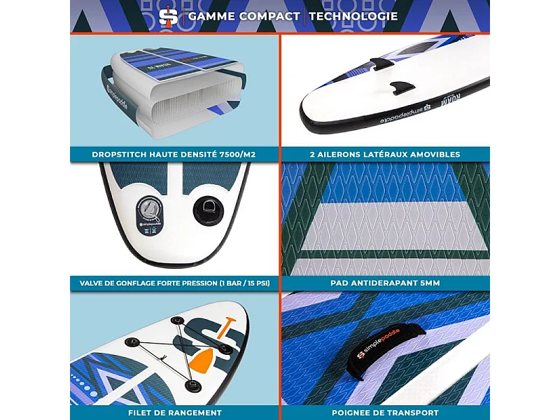 Stand up Paddle Gonflable ROAM 10' 30'' 6'' (295 x 76 x 15 cm) Gamme COMPACT avec Pagaie, Leash, Pompe et Sac de Transport