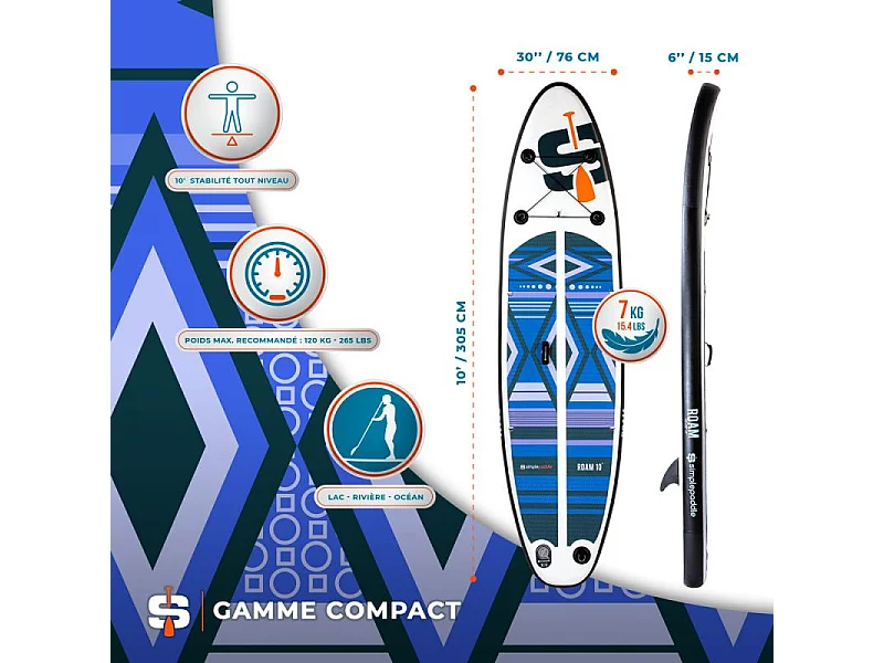 Stand up Paddle Gonflable ROAM 10' 30'' 6'' (295 x 76 x 15 cm) Gamme COMPACT avec Pagaie, Leash, Pompe et Sac de Transport