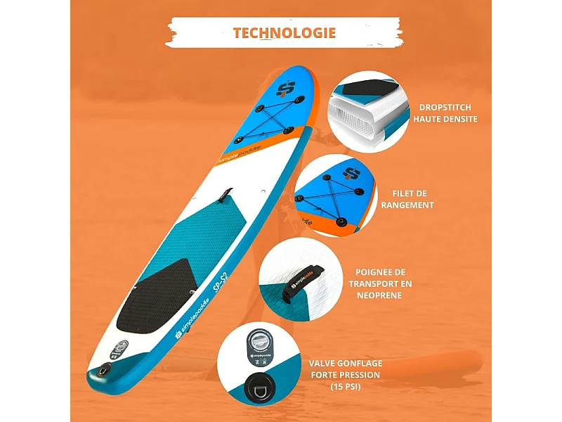 Paddle Gonflable S2 10'2" 30'' 5'' (310 x 76 x 13 cm) avec Pagaie, Leash, Pompe et Sac de Transport