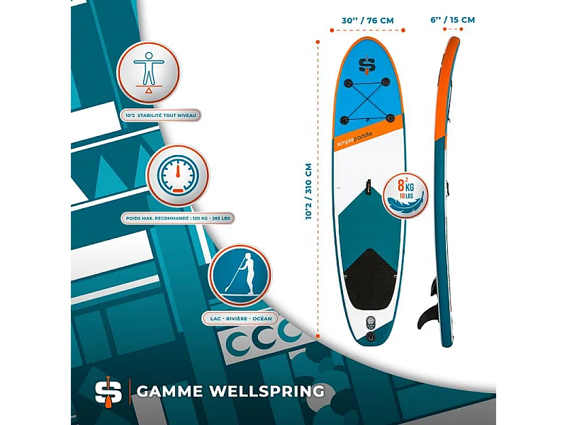 Paddle Gonflable S2 10'2" 30'' 5'' (310 x 76 x 13 cm) avec Pagaie, Leash, Pompe et Sac de Transport