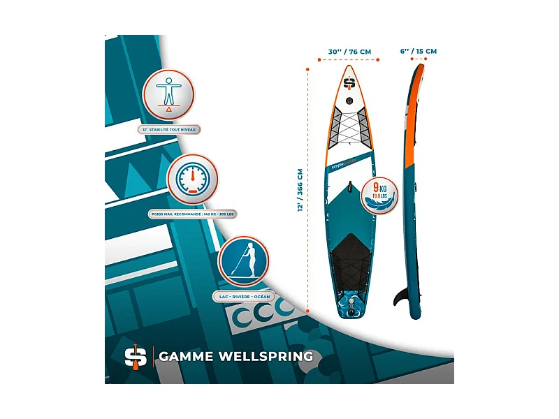 Paddle Gonflable RACE 12' 30'' 6" (340 x 76 x 15 cm) avec Pagaie, Leash, Pompe et Sac de Transport