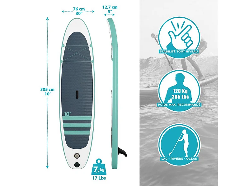 Paddle gonflable KAHIKO 10' (305 X 76 X 13 Cm) avec Pagaie, Leash, Pompe et Sac de transport