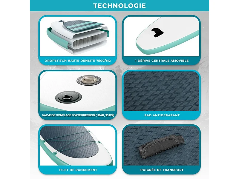 Paddle gonflable KAHIKO 10' (305 X 76 X 13 Cm) avec Pagaie, Leash, Pompe et Sac de transport