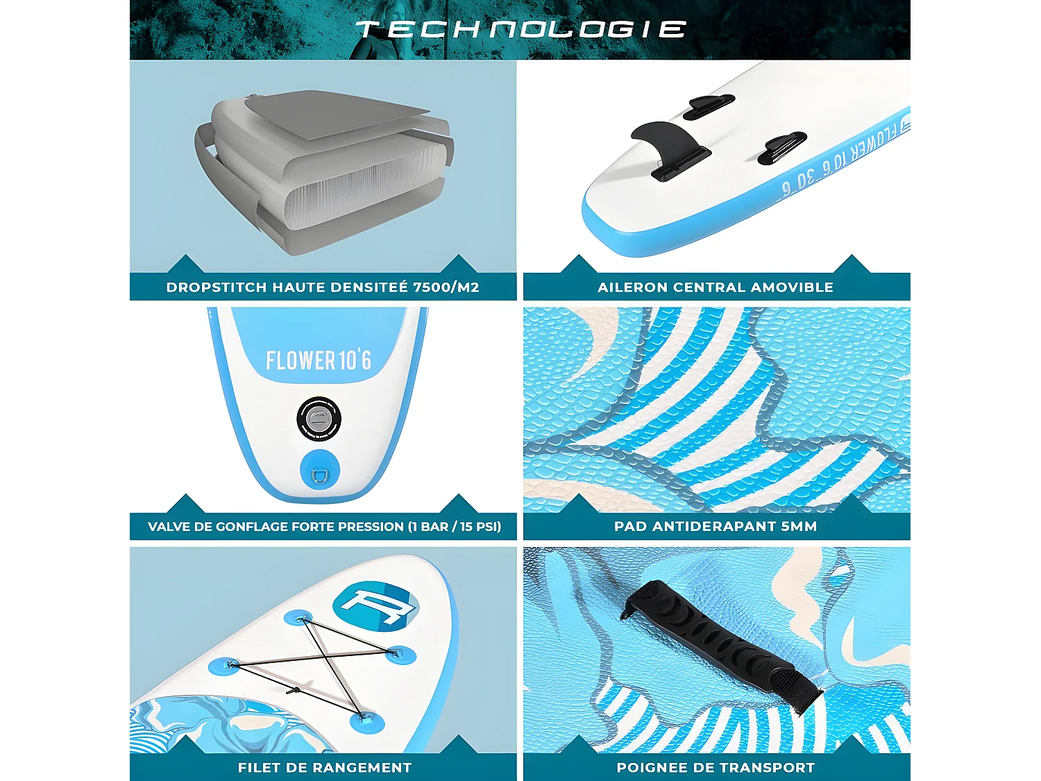 Stand Up Paddle Gonflable FLOWER ROHE - 10'6'' (320cm) 30'' (76cm) 6'' (15cm) avec Pompe, Pagaie, Leash et Sac de transport