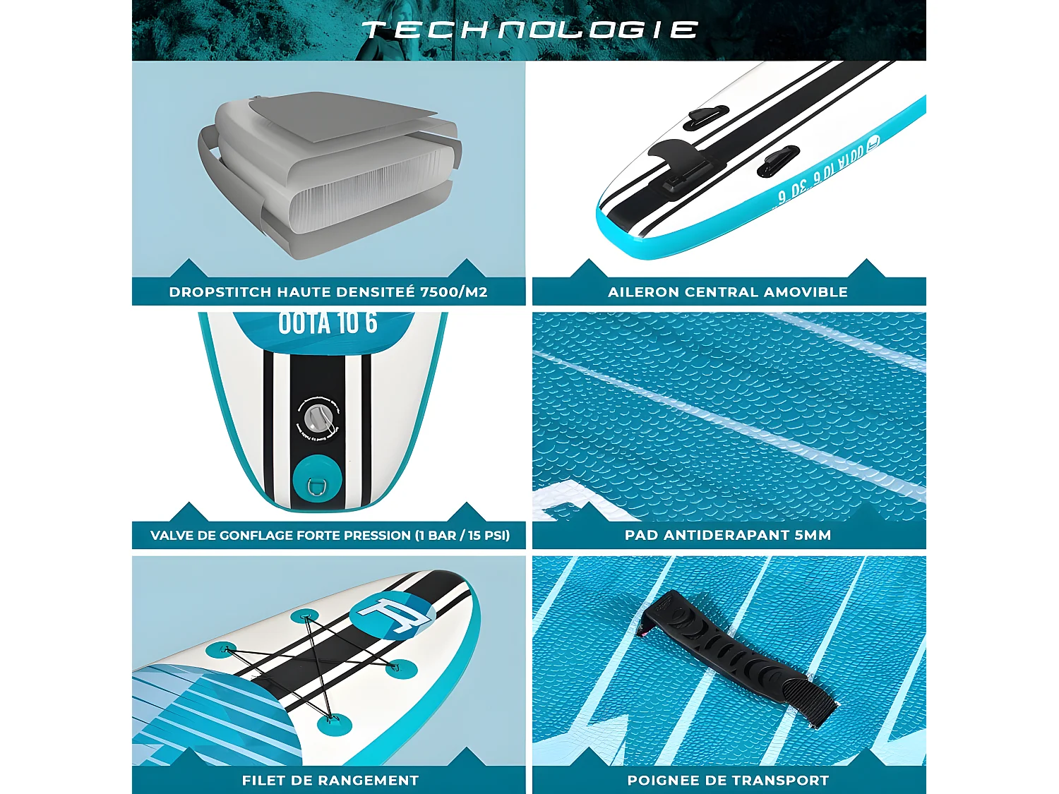 Stand Up Paddle Gonflable OOTA ROHE - 10'6'' (320cm) 30'' (76cm) 6'' (15cm) avec Pompe, Pagaie, Leash et Sac de transport