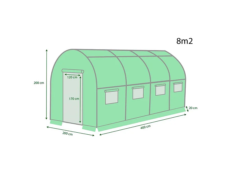 Serre de Jardin Tunnel 8m² - bâche armée - avec fenêtres latérales et porte zipée