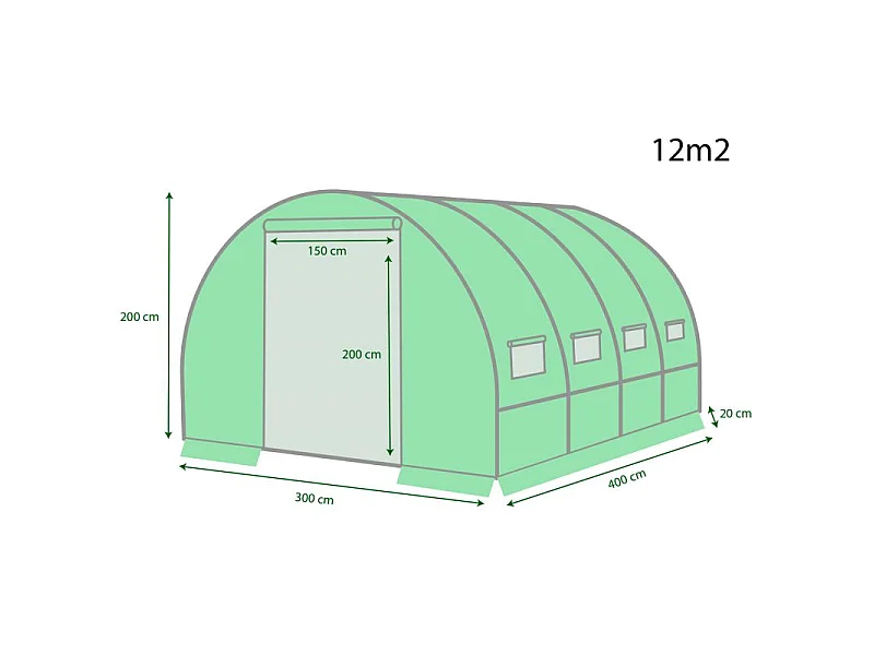 Serre de Jardin Tunnel 12m² - bâche armée - avec fenêtres latérales et porte zipée