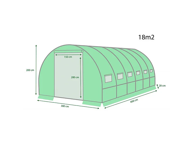 Serre de Jardin Tunnel 18m² - bâche armée - avec fenêtres latérales et porte zipée