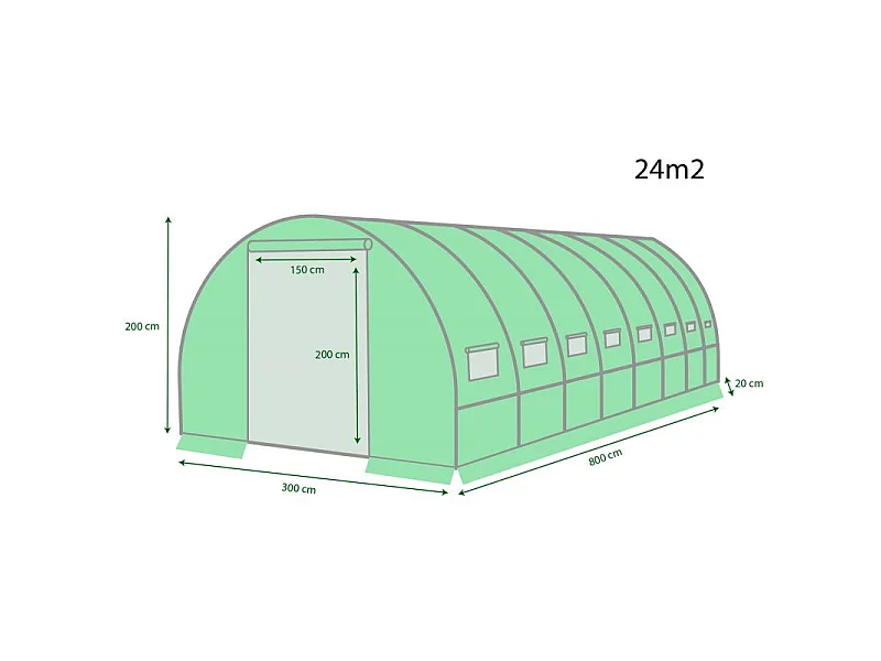 Serre de Jardin Tunnel 24m² - bâche armée - avec fenêtres latérales et porte zipée