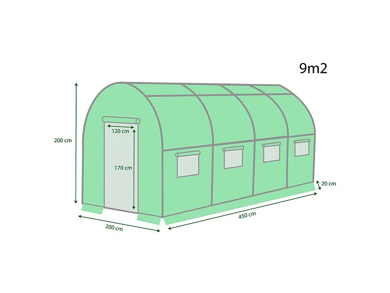 Serre de Jardin Tunnel 9m² - bâche armée - avec fenêtres latérales et porte zipée