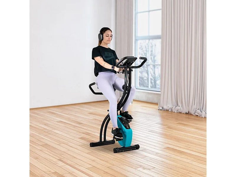 Vélo d'appartement compact et pliable SUPER X BIKE - Réglable, Roue inertie 1.6Kg, 8 niveaux de résistance, Ecran d'entraînement