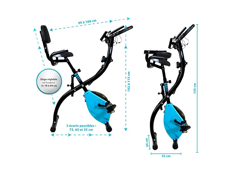Vélo d'appartement compact et pliable SUPER X BIKE - Réglable, Roue inertie 1.6Kg, 8 niveaux de résistance, Ecran d'entraînement