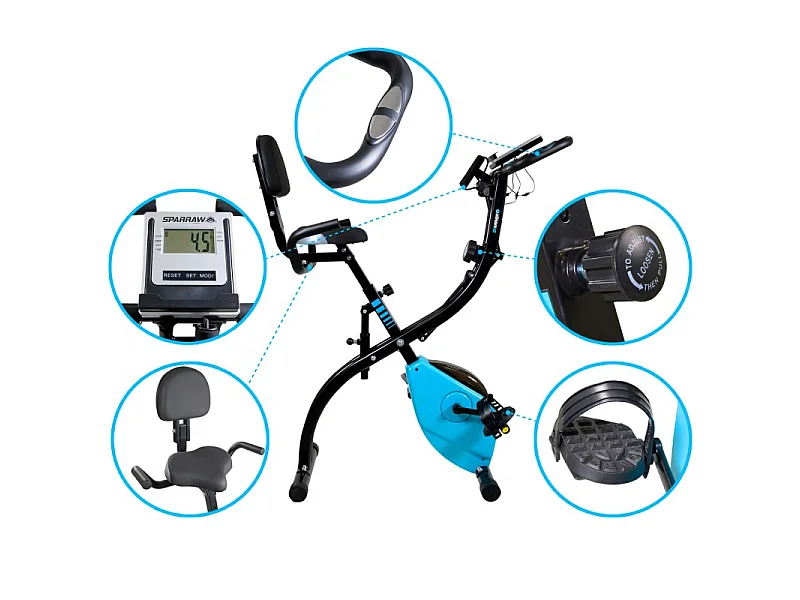 Vélo d'appartement compact et pliable SUPER X BIKE - Réglable, Roue inertie 1.6Kg, 8 niveaux de résistance, Ecran d'entraînement