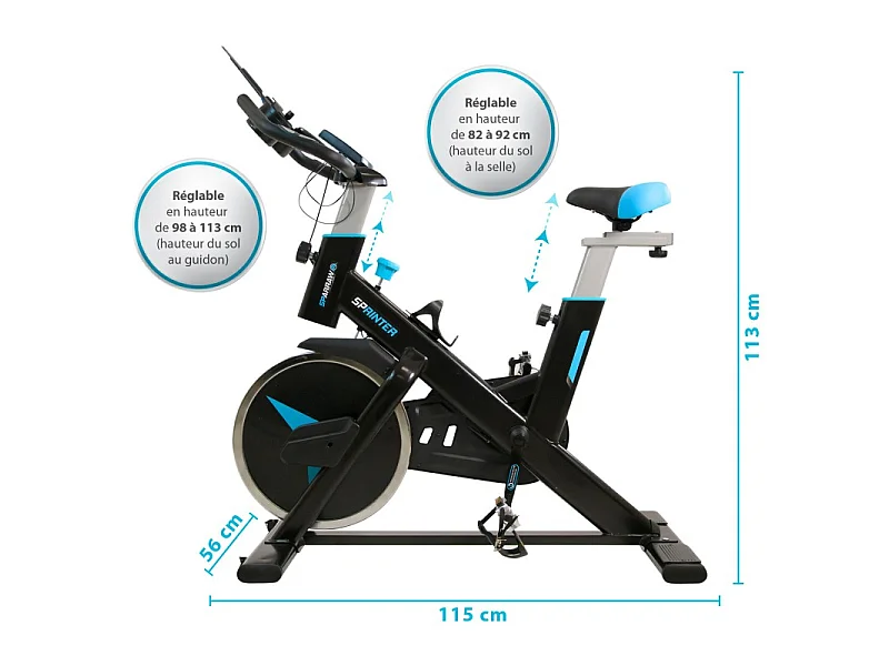 Vélo Spinning SPRINTER - Exercice bike avec roue d'inertie 13Kg - Cardio et Fitness training