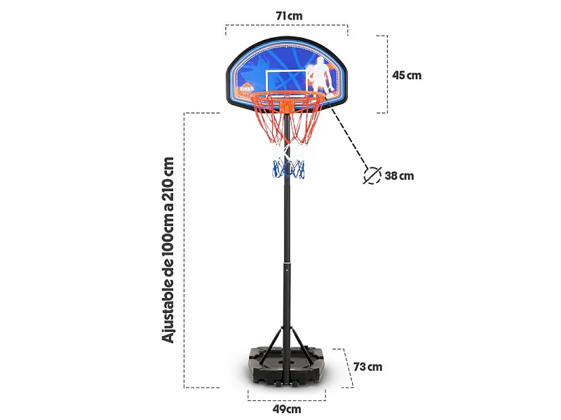 Panier de basket réglable en hauteur de 1m à 2m10 (10 positions) - Milwaukee - avec Ballon et Pompe
