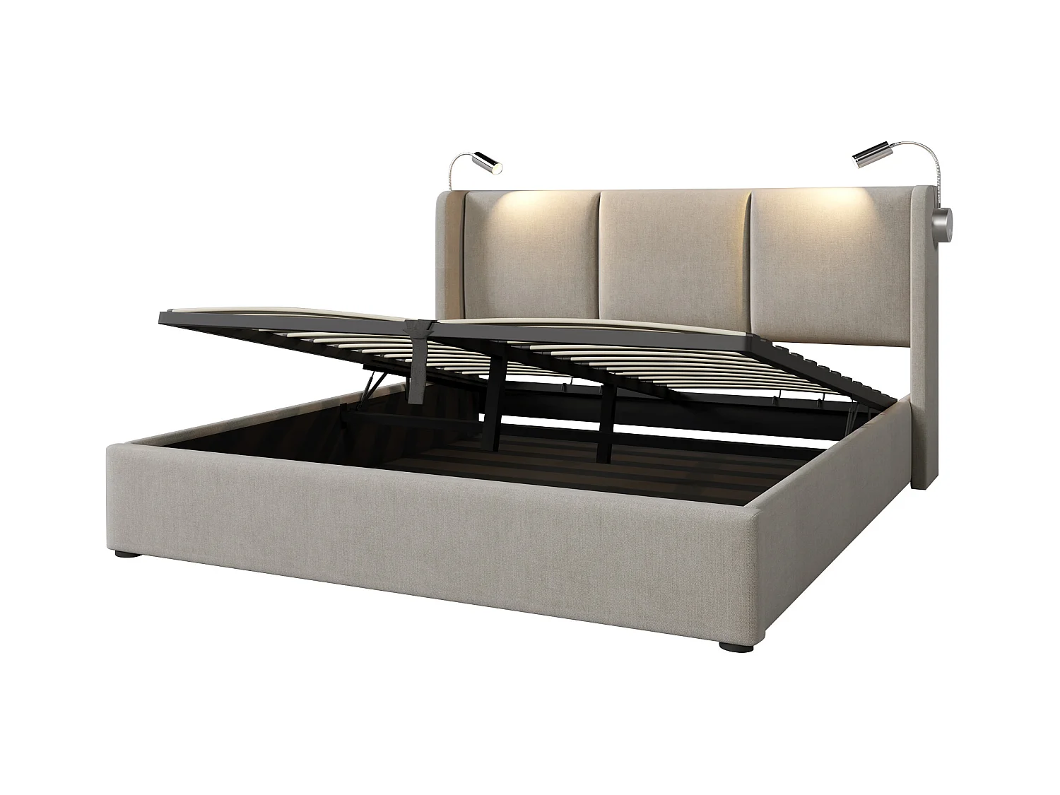 140 x 200 cm großes Stauraumbett aus Leinenstoff – mit Leselampen und USB-Ladeanschlüssen – mit Lattenrost – Beige