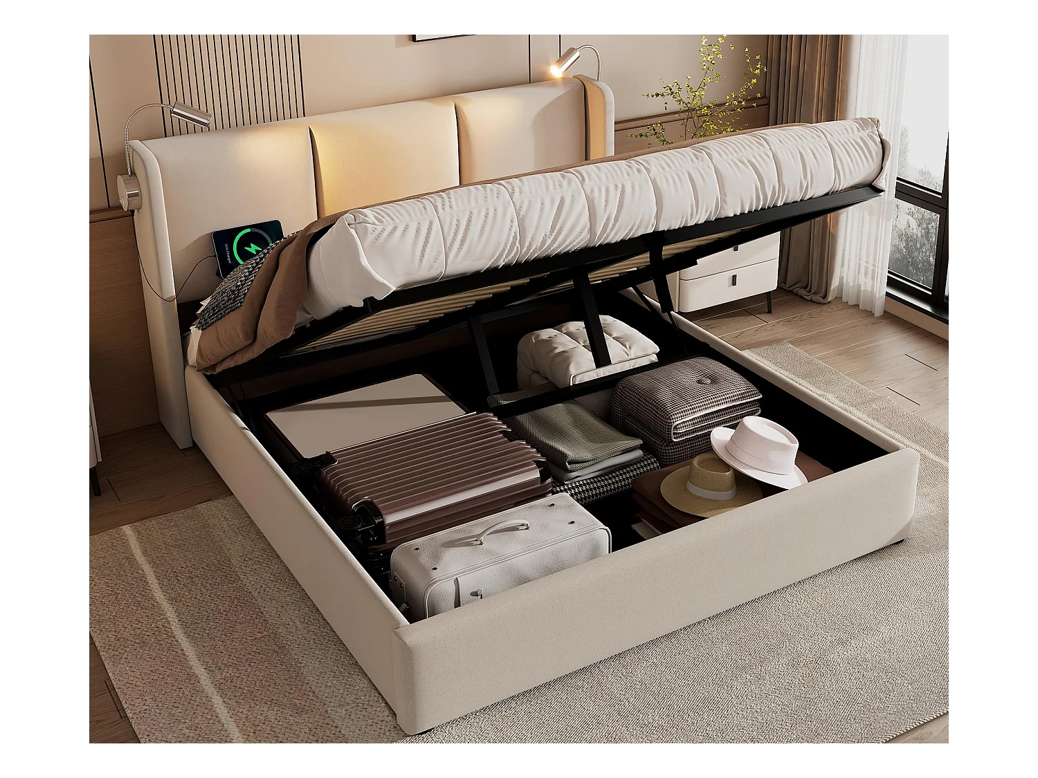 Lit coffre 140x200cm en lin - avec lampes de lecture et Ports de charge USB - avec sommier à lattes - Beige