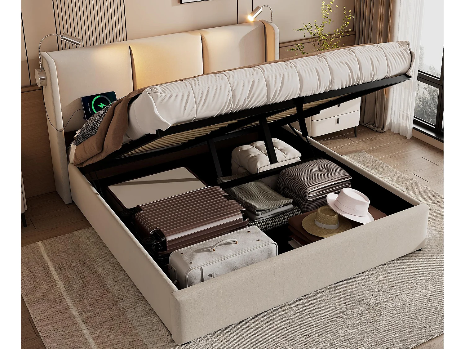 Lit coffre 140x200cm en lin - avec lampes de lecture et Ports de charge USB - avec sommier à lattes - Beige