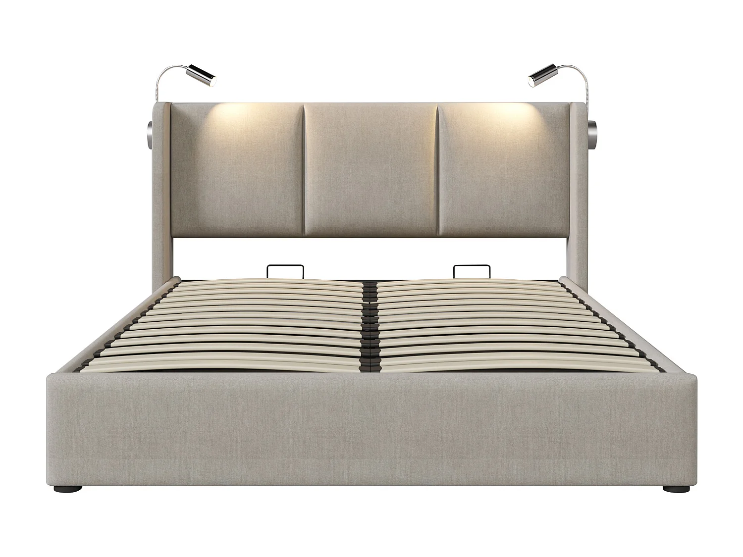 Lit coffre 140x200cm en lin - avec lampes de lecture et Ports de charge USB - avec sommier à lattes - Beige