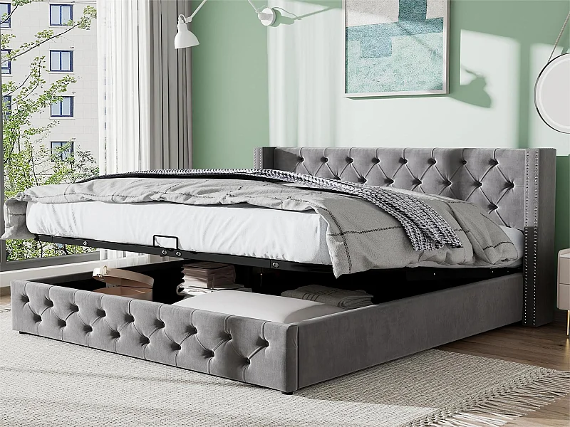 140 x 190 cm großes Samtbett mit Lattenrost – Grau