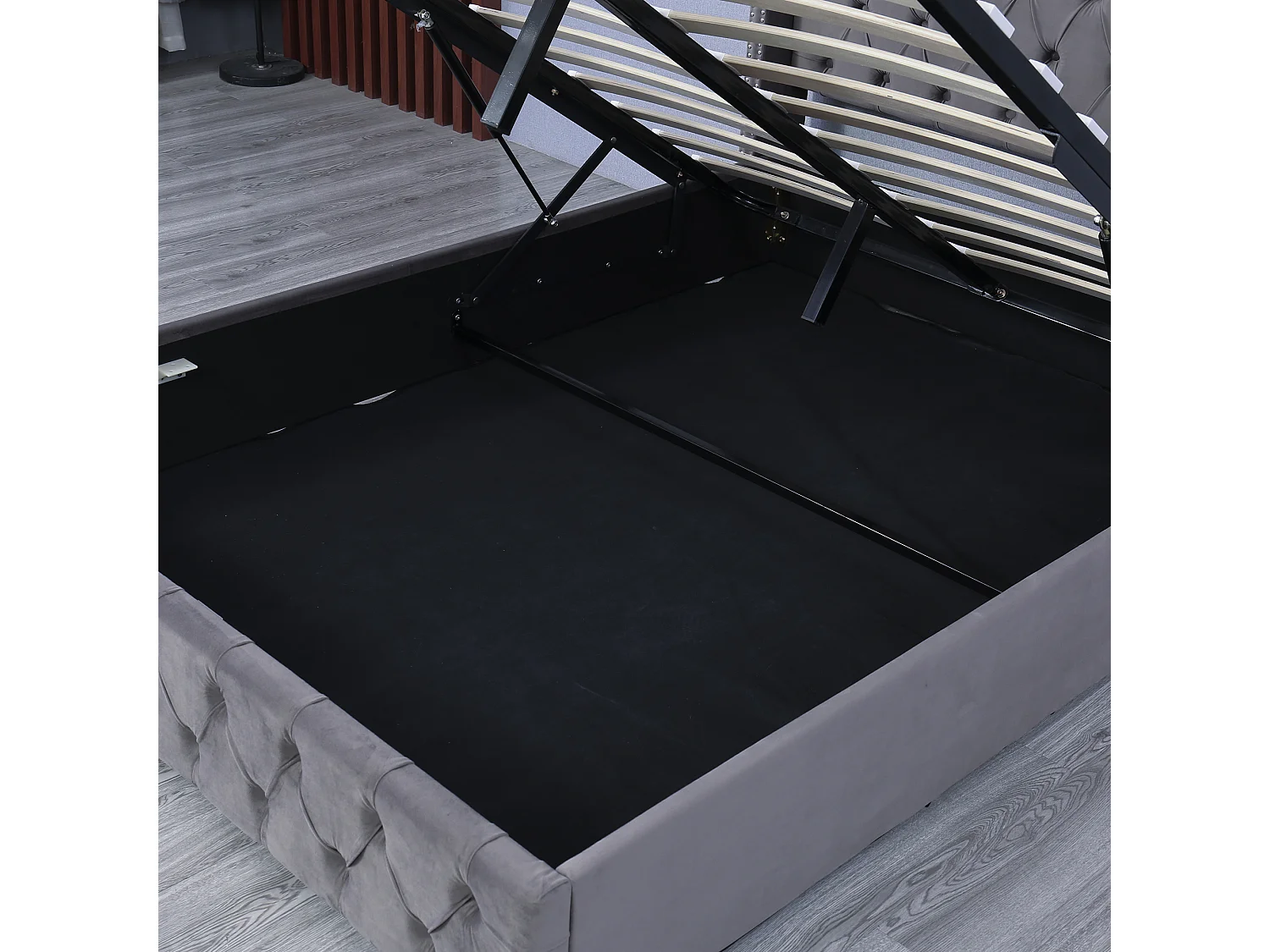 Lit coffre 140x190cm en velours avec sommier à lattes - Gris