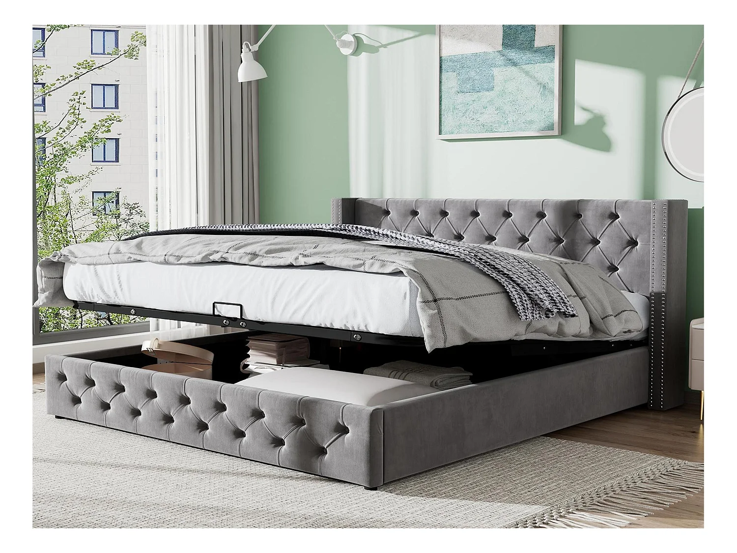 Lit coffre 140x190cm en velours avec sommier à lattes - Gris