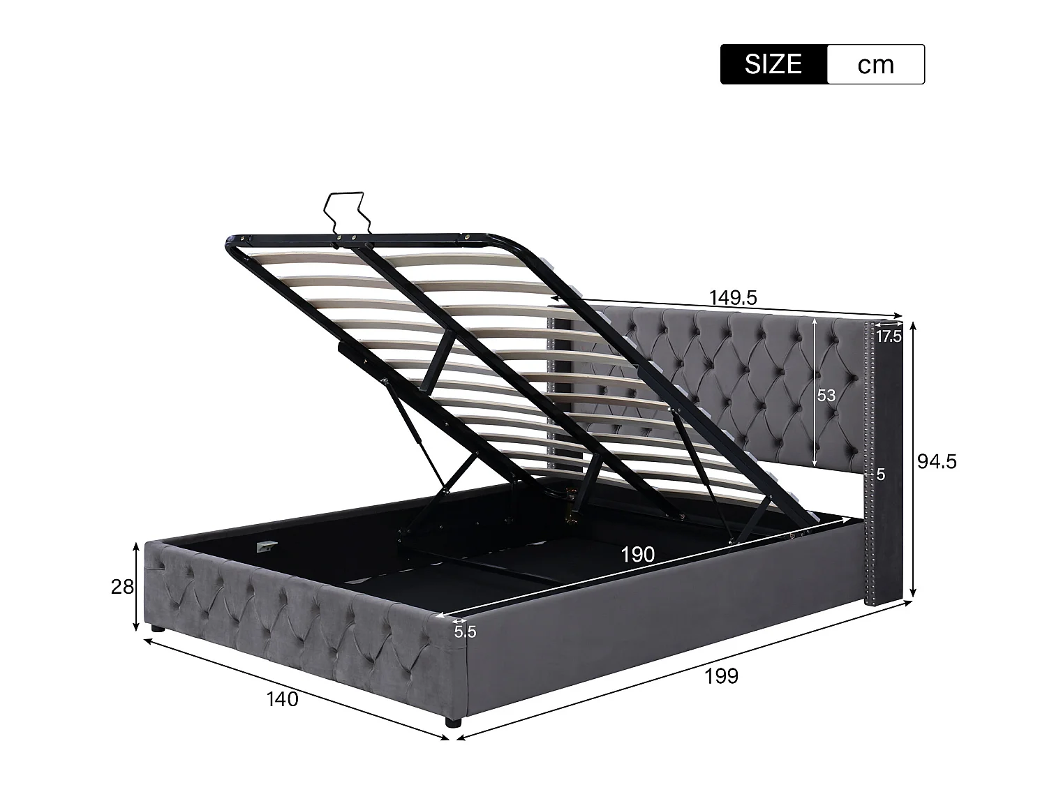 140 x 190 cm großes Samtbett mit Lattenrost – Grau