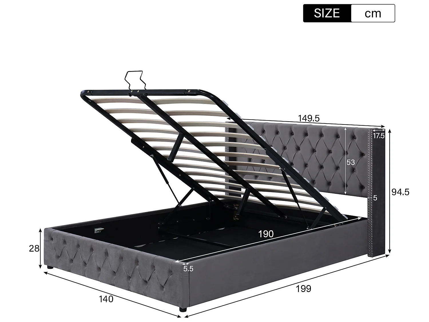 140x190cm fluwelen opbergbed met lattenbodem - Grijs